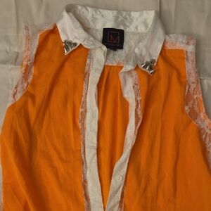 Material Girl Orange Blouse with White Lace and Silver Studs
